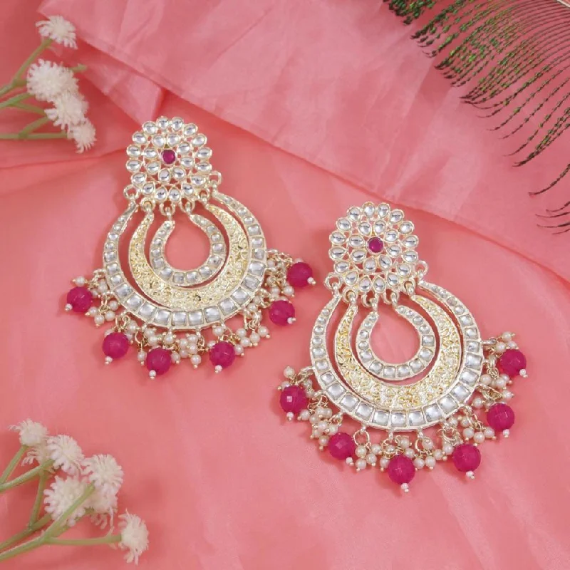 Wedding Earrings for Guests-Etnico Gold Plated Traditional Kundan & Pearl Chandbali Earrings For Women (E2860Q)