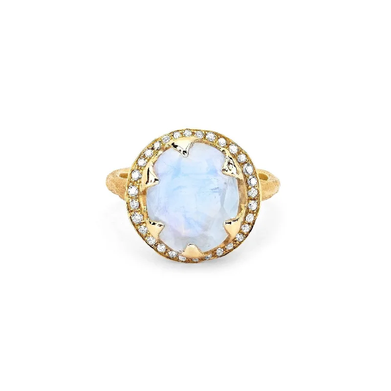 Classic Gemstone Engagement Rings-Queen Oval Moonstone Ring with Full Pavé Diamond Halo