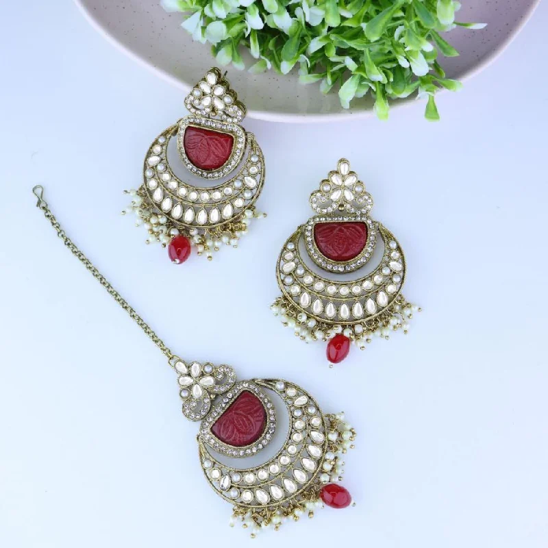 Artistic Drop Earrings-Etnico Gold Plated Traditional Pearl Hanging Kundan Stone Chandbali Earring With Maang Tikka For Women/Girls(TE3029R)