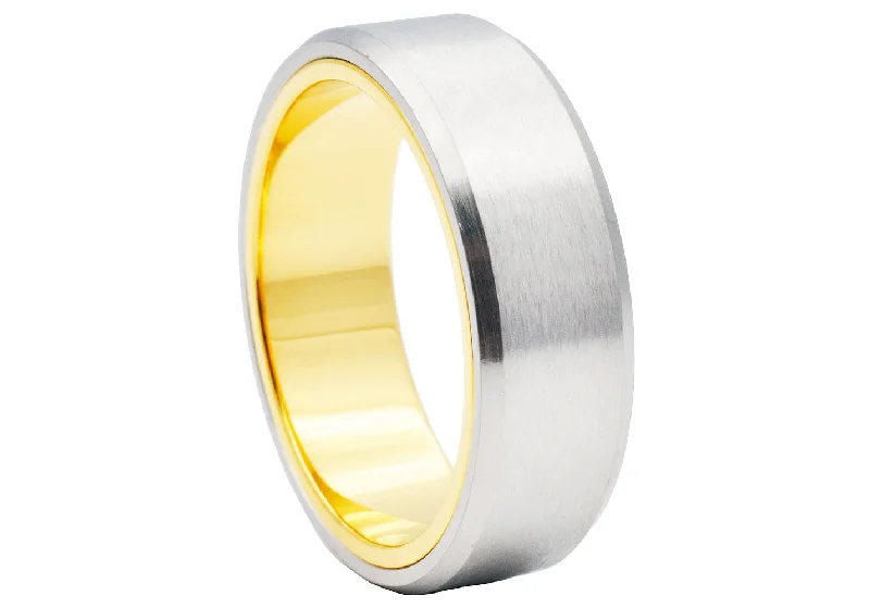 Custom Birthstone Rings-Mens Two Tone Gold Stainless Steel Ring With a Brushed Finish