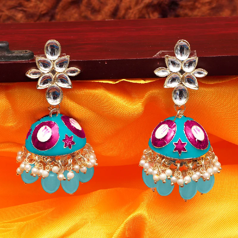 Light Blue Earrings-Darshana Jewels Kundan And Meenakari Jhumki Earrings