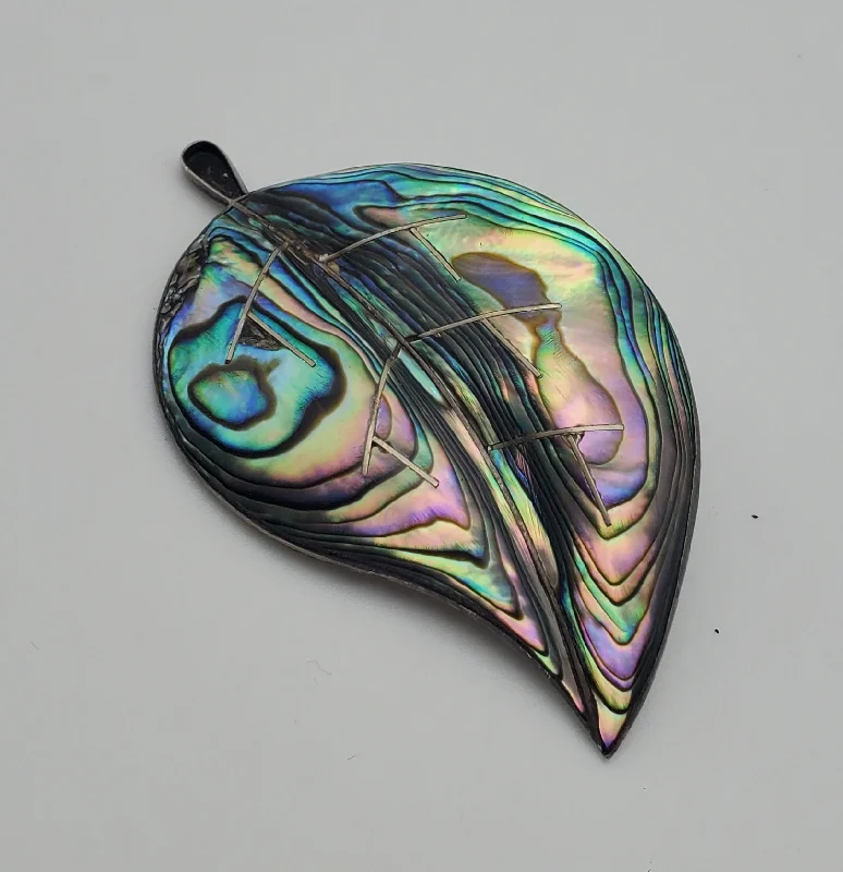 Elegant Brooch with Gold Plating-Beautiful Vintage Handmade Abalone Shell Sterling Silver Leaf Brooch