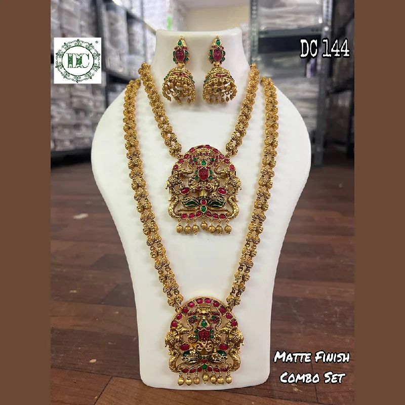 Gold and Diamond Necklaces-Diksha Collection Gold Plated Temple Double Necklace Set