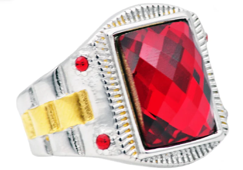 Custom Wedding Rings with Engraving-Mens Genuine Red Swarovski Crystal And Gold Stainless Steel Ring With Red Cubic Zirconia