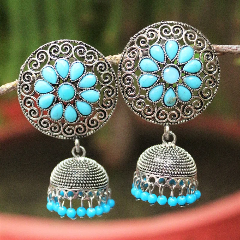 Statement Earrings for Teens-H K Fashion Oxidised Plated  Pota Stone And Beads Jhumki Earrings