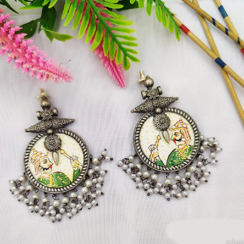 Colorful Stone Earrings-Fancyla Oxidised Plated Maharaja Style Pearls Dangler Earrings