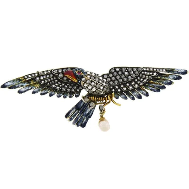 Stylish Brooch with Pearl Detailing-Exquisite French-Made Diamond Enamel Eagle Brooch in 18K Gold