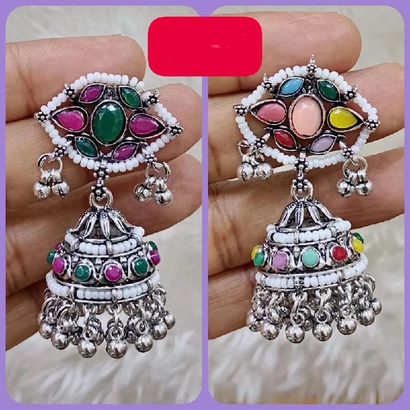 Colorful Statement Earrings-Abhinandan Oxodised Plated Pota Stone And Ghungroo Jhumki Earrings (Assorted Color)