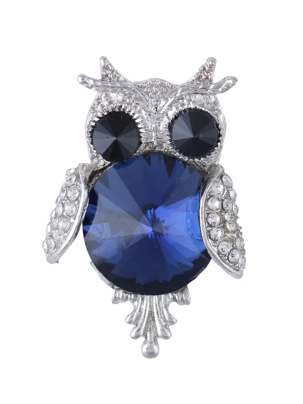 Elegant Art Nouveau Brooch-Diamond Studded Silver Owl Unisex Brooch