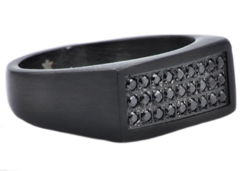 Large Cocktail Rings-Mens Black Stainless Steel Ring With Black Cubic Zirconia