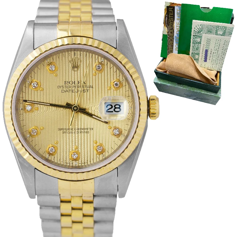 Luxury Watches with Leather Straps-1996 Rolex DateJust 36mm Champagne Tapestry Diamond TT Jubilee Watch 16233 B+P