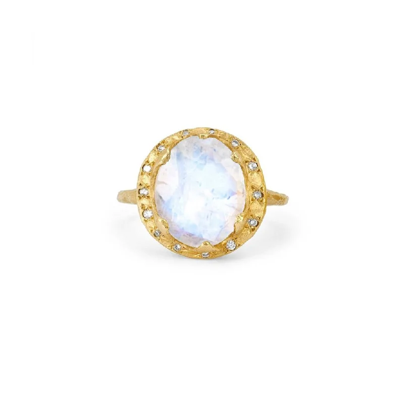 White Gold Engagement Rings-Baby Queen Oval Moonstone Ring with Sprinkled Diamonds