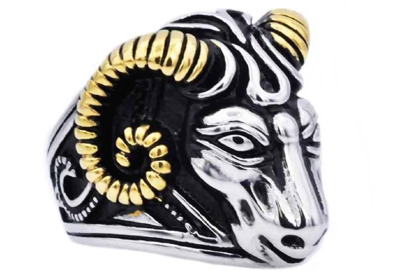 Classy Wedding Rings-Mens Gold And Black Stainless Steel Ram Ring