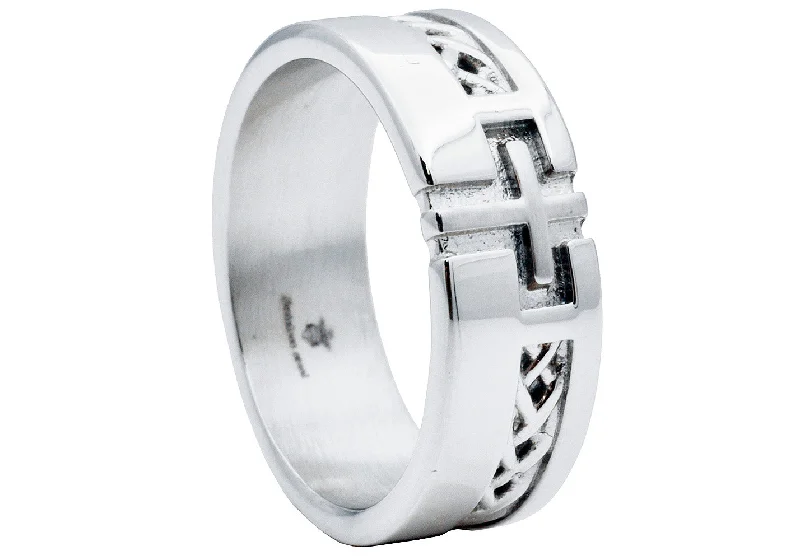 Custom Infinity Wedding Rings-Mens Stainless Steel Cross Band With a Weave Design