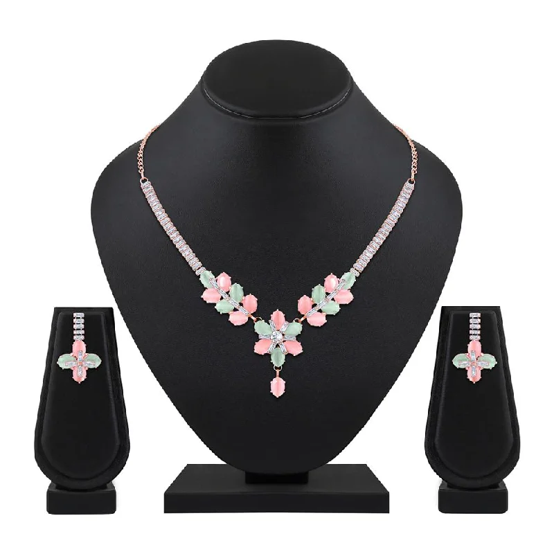 Silver Heart Necklaces-Mahi Rosegold Plated Multicolor Cubic Zirconia (CZ) Floral Women's Necklace Set (NL1103821ZMul)