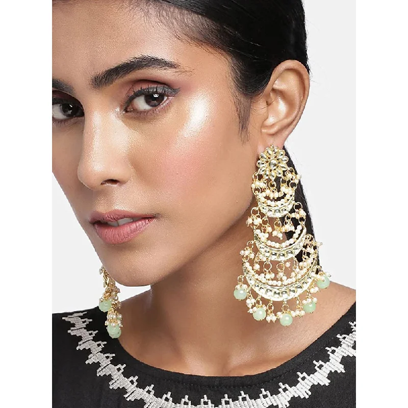 Colorful Hoop Earrings-Etnico 18k Gold Plated 3 Layered Beaded Chandbali Earrings with Kundan and Pearl Work for Women (E2859-1) (Mint)