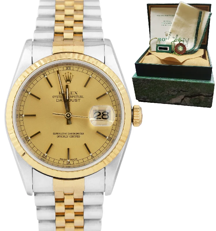 Personalized Watches with Photos-1996 Rolex DateJust 36mm 18K Yellow Gold Stainless Champagne B+P Watch 16233