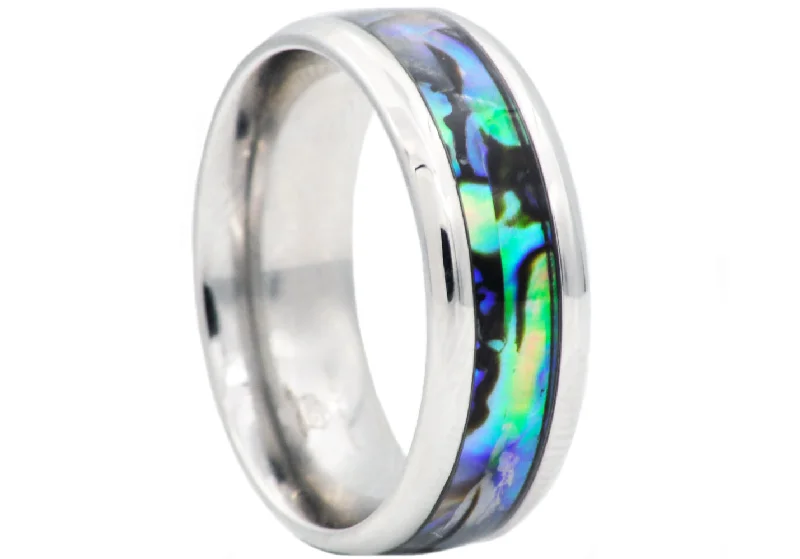 Luxury Diamond Rings-Mens Genuine Abalone Stainless Steel Band Ring