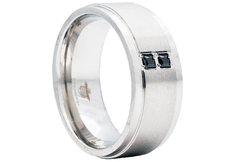 Wedding Rings with Colored Stones-Mens 9mm Brushed Stainless Steel Ring With Black Cubic Zirconia