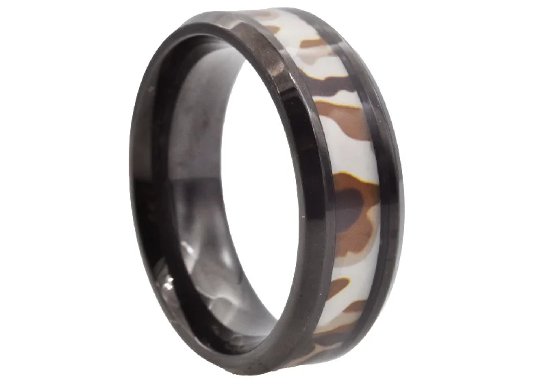 Bold Gold Rings-Mens Black Stainless Steel Brown Camo Band Ring