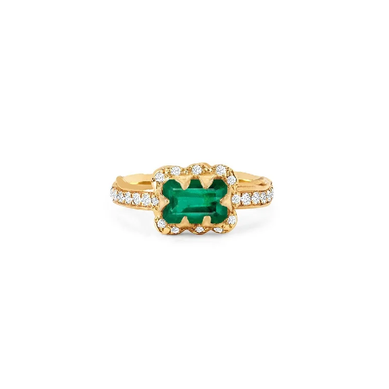 Custom Gold Signet Rings-Micro Queen Emerald Cut Emerald Ring with Sprinkled Diamonds