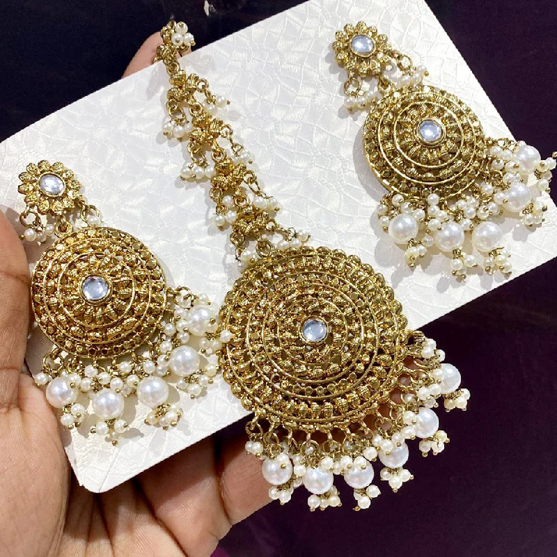 Light Blue Earrings-Rani Sati Jewels Gold Plated Pearl Dangler Earrings With Mangtikka