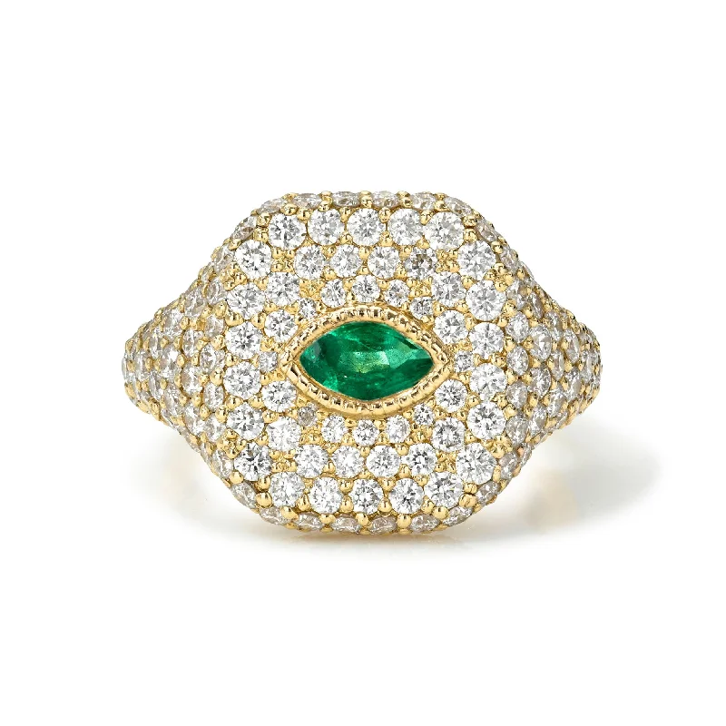 Unique Gold Wedding Rings-Emerald Angel Eye Signet Ring