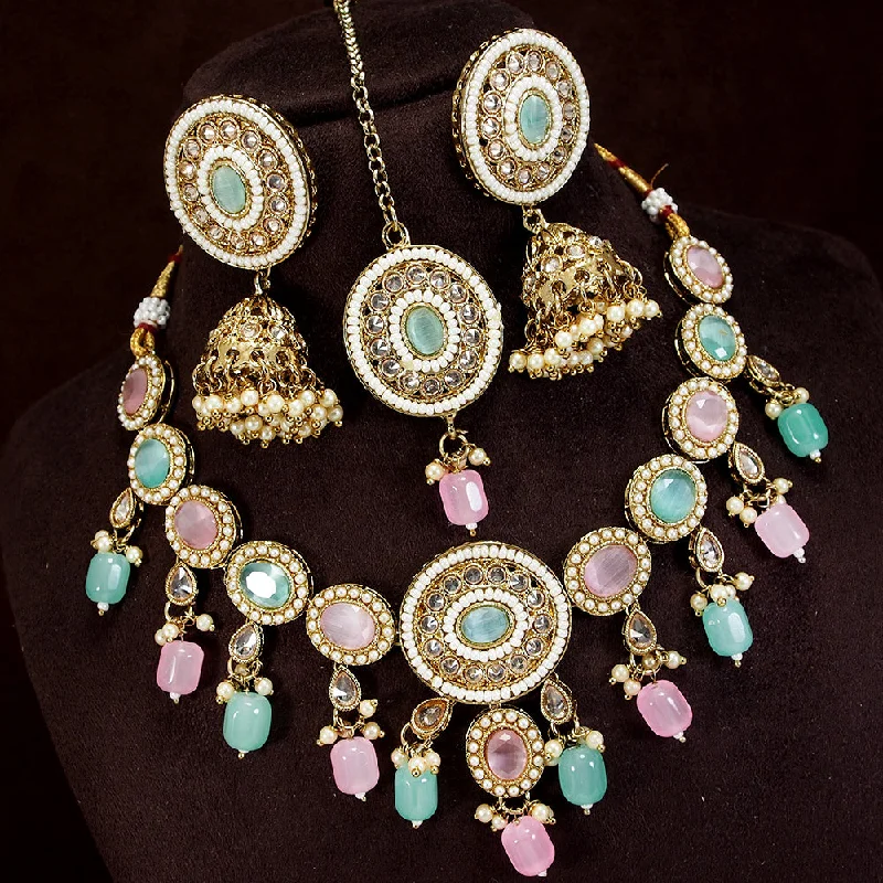 Colorful Stone Necklaces-LALSO Designer Gold plated Zircon Work Necklace Jewelry Set With Maangtika