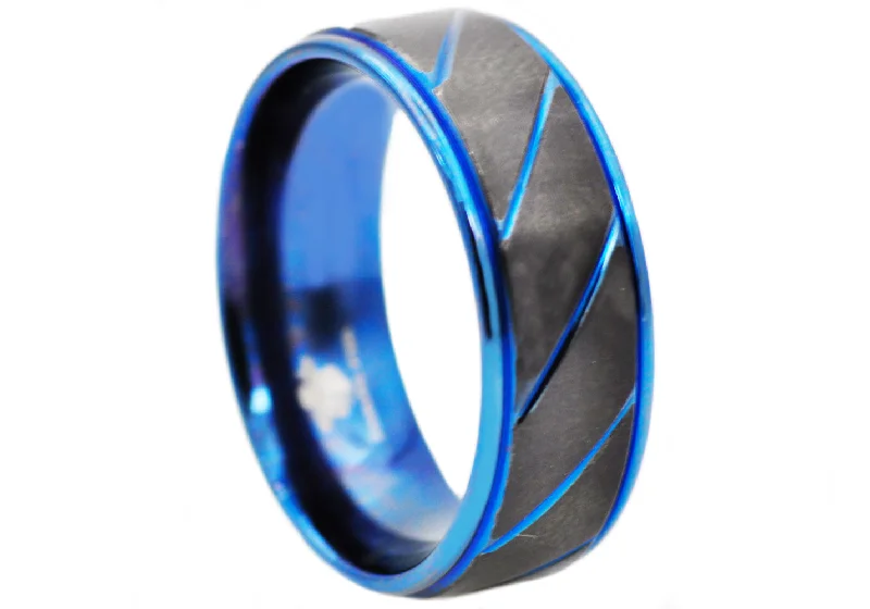 Unique Promise Rings-Mens Black And Blue Stainless Steel 8mm Etched Striped Ring