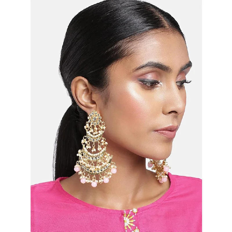 Custom Metal Earrings-Etnico 18k Gold Plated 3 Layered Beaded Chandbali Earrings with Kundan and Pearl Work for Women (E2859-1) (Pink)