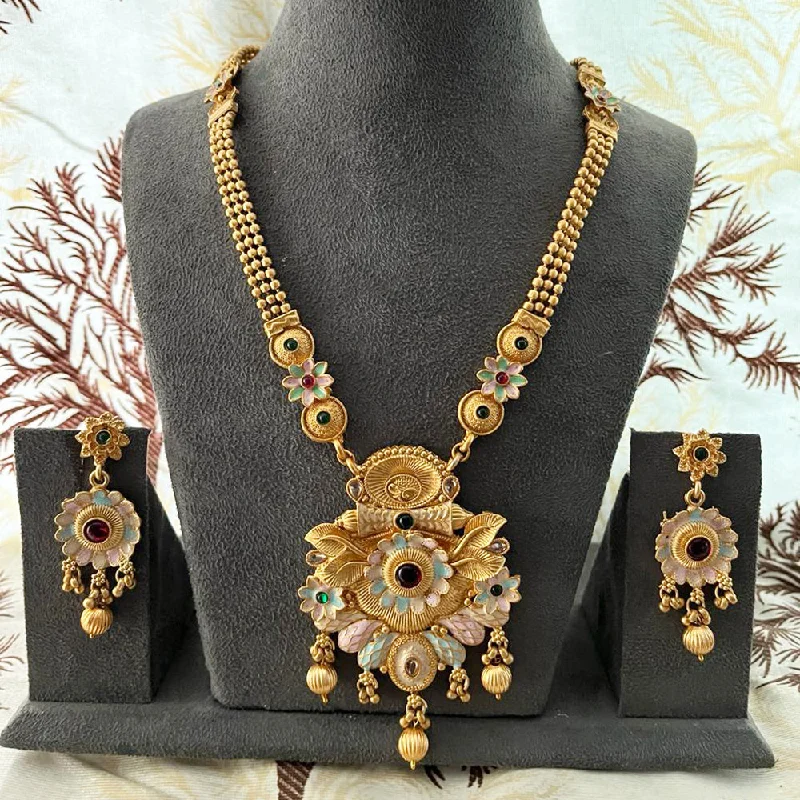 Custom Silver Necklaces-India Art Gold Plated Pota Stone And Beads Necklace Set