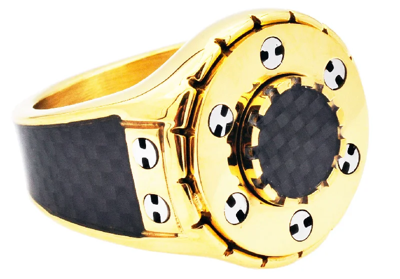 Large Statement Rings-Mens Gold Plated Stainless Steel Ring With Carbon Fiber