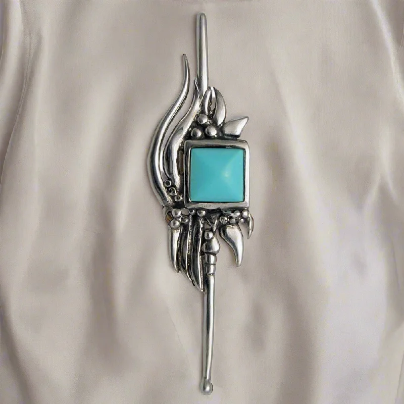 Minimalist Silver Brooch-Greek Traditional Flower Brooch in Sterling silver with turquoise (K-34)