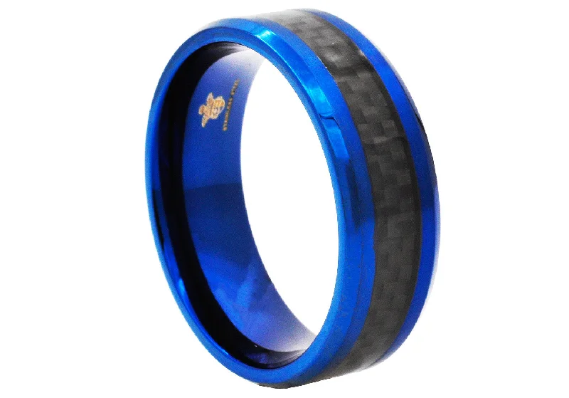 Diamond Wedding Rings-Mens Black Carbon Fiber And Blue Stainless Steel 8mm Band Ring