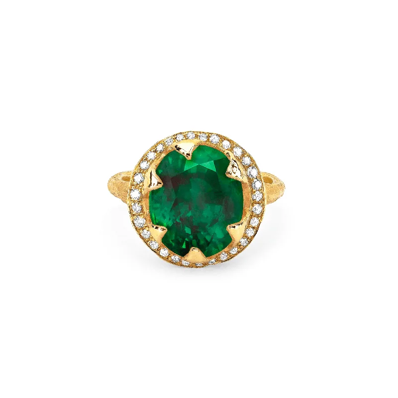 Elegant Gemstone Wedding Rings-Queen Oval Zambian Emerald Ring with Full Pavé Diamond Halo