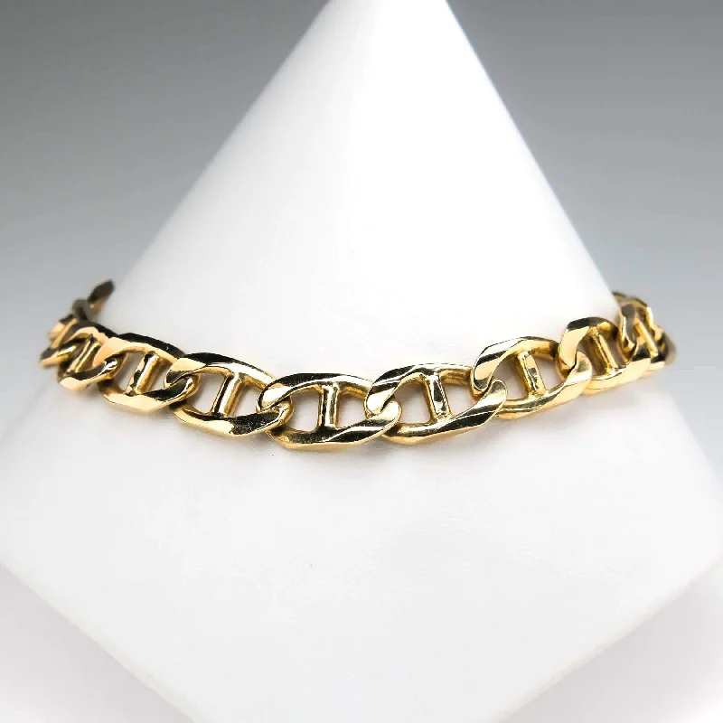 Stylish Silver Cuff Bracelets-8.4mm Wide Solid Mariner Anchor Gucci Link 8.75" Chain Bracelet in 14K Yellow Gold