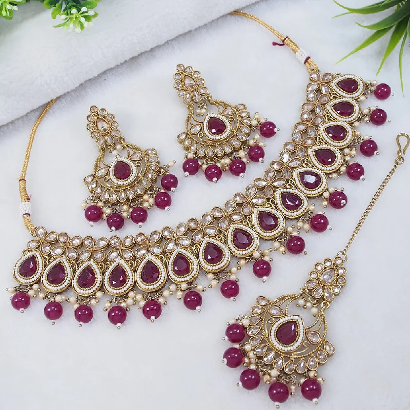 Gold Choker Necklaces-LALSO Designer Mehendi Gold plated AD/Zircon Work Necklace Jewelry Set With Maangtika