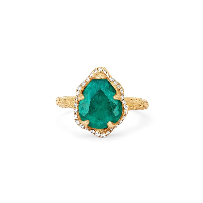 Couples Matching Rings-18k Baby Queen Water Drop Colombian Emerald Ring with Full Pavé Diamond Halo