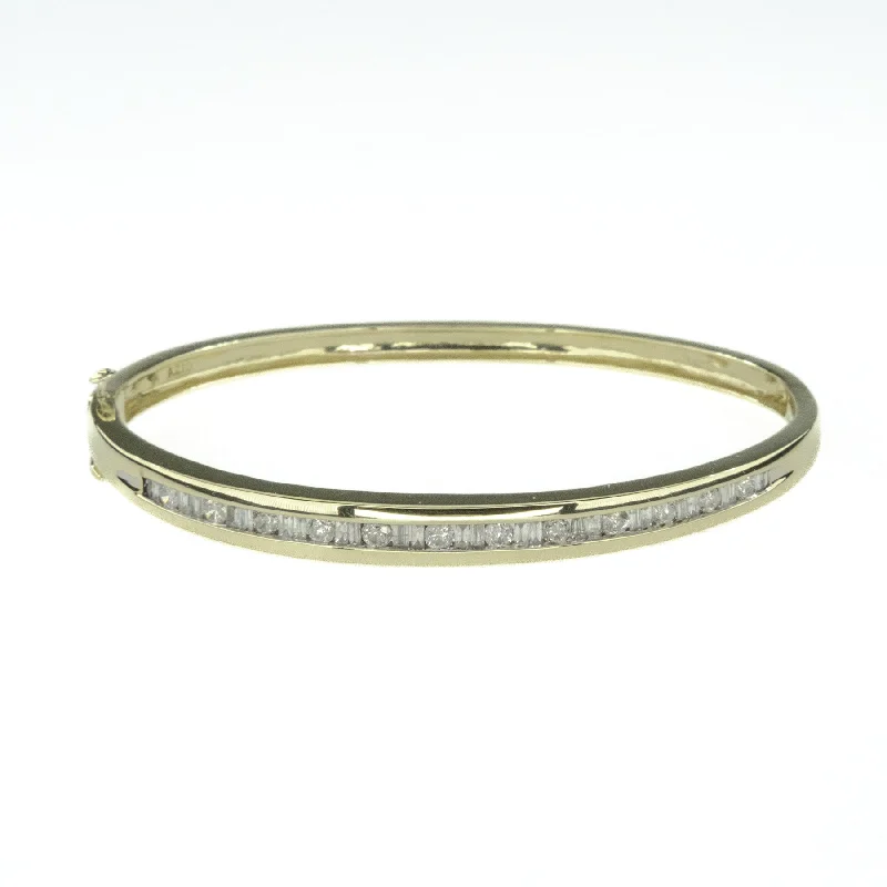 Trendy Cuff Bracelets-1.80ctw Round & Baguette Diamond Bangle 6.75" Bracelet in 10K Yellow Gold