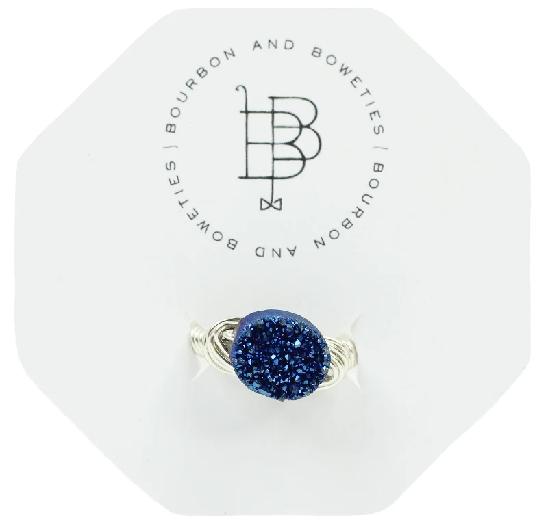 Trendy Gemstone Rings-Blue Druzy Ring - Silver