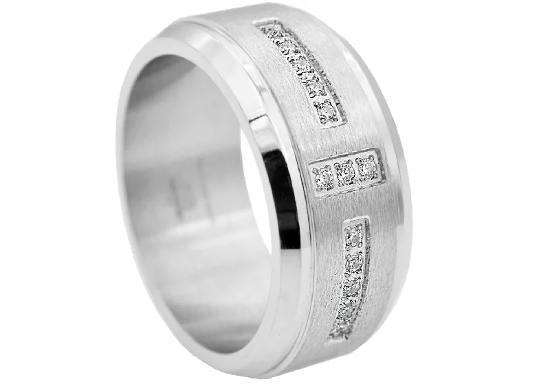 Handcrafted Promise Rings-Mens Beveled Stainless Steel Band With Black Cubic Zirconia