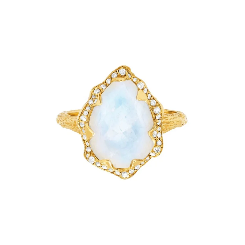 Unique Vintage Wedding Rings-Queen Water Drop Moonstone Ring with Full Pavé Diamond Halo