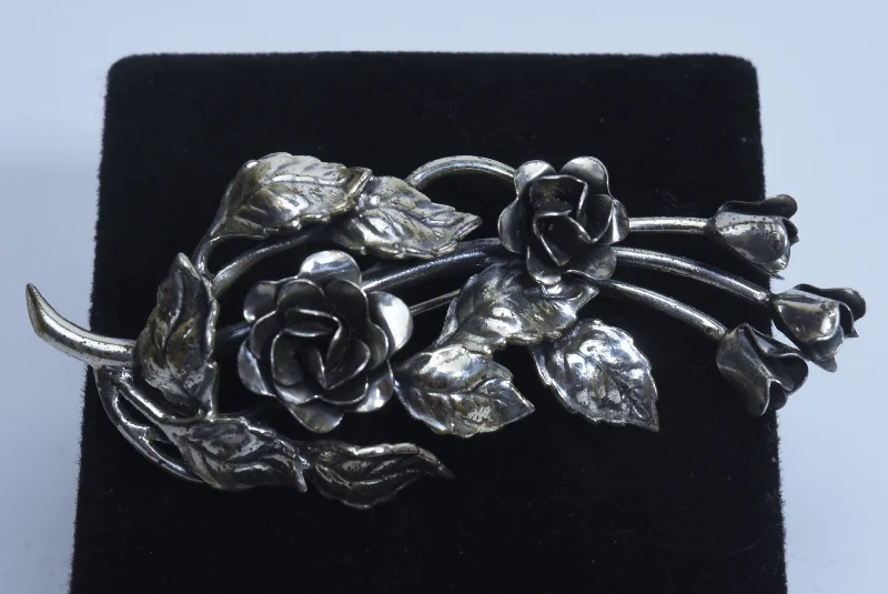 Custom Brooch with Decorative Stones-Danecraft - Vintage Sterling Silver Rose Bouquet Brooch