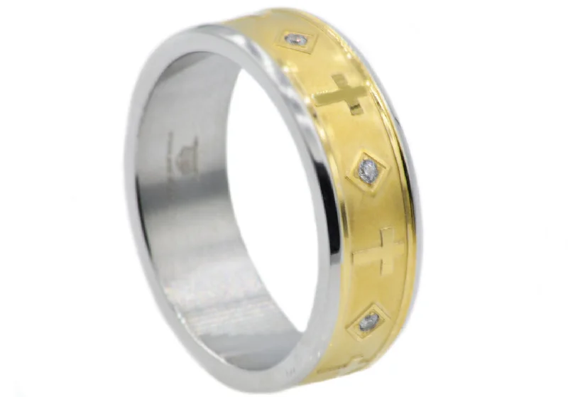 Colored Diamond Engagement Rings-Mens Gold Stainless Steel Cross Band Ring With Cubic Zirconia