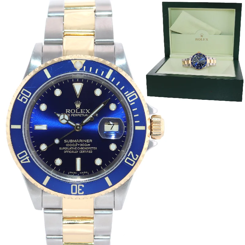 Elegant Stainless Steel Watches-2004 Rolex Submariner 16613 Gold Steel Two Tone Gold Buckle Sunburst Blue Watch