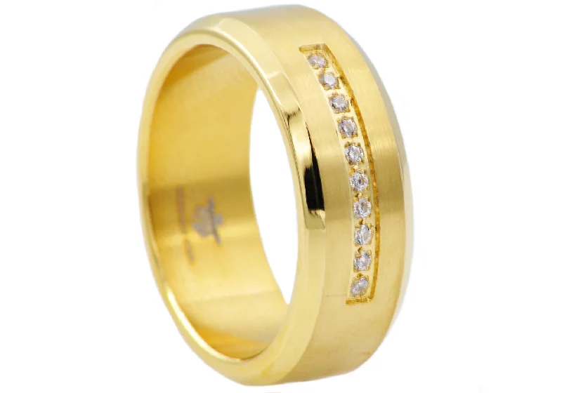 Unique Wedding Bands-Mens Gold Stainless Steel Ring With Cubic Zirconia