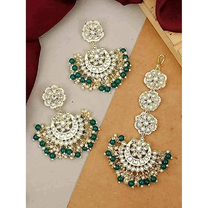 Crystal Drop Earrings-Etnico18K Gold Plated with Stunning Matte Finish Traditional Kundan & Faux Pearl Chandbali Earrings with Maang Tikka Set (TE2911G)