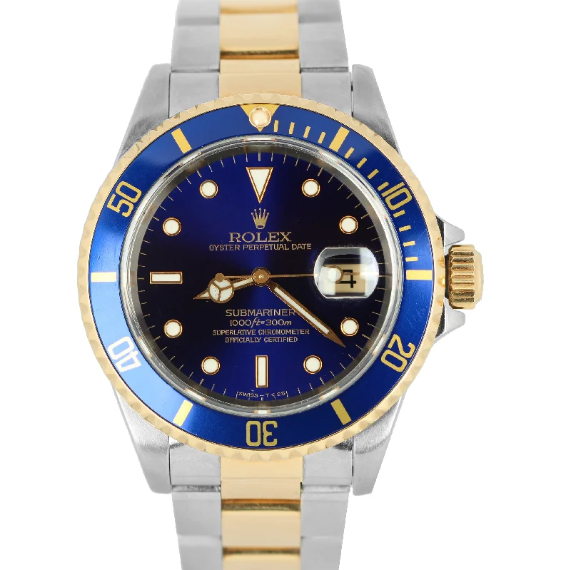 Waterproof Fitness Watches-Rolex Submariner Two-Tone 18K Gold Stainless Steel Blue 40mm Oyster Watch 16613