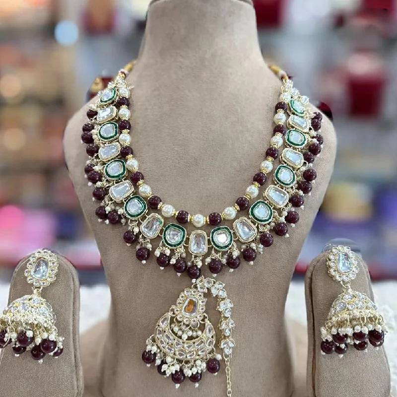 Green Gemstone Necklaces-India Art Gold Plated Kundan Necklace Set