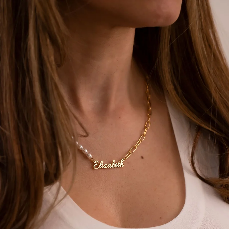 Personal Name Necklaces-Pearl link name necklace gold